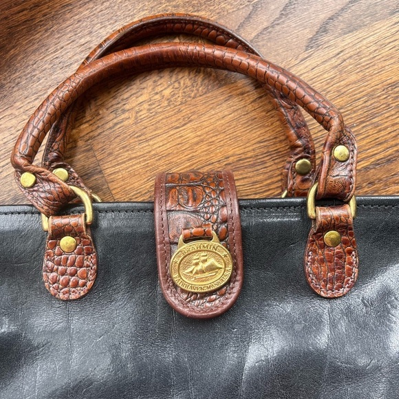 Brahmin Black & Brown Croc Trim Convertible Satchel Bag - Picture 2 of 6